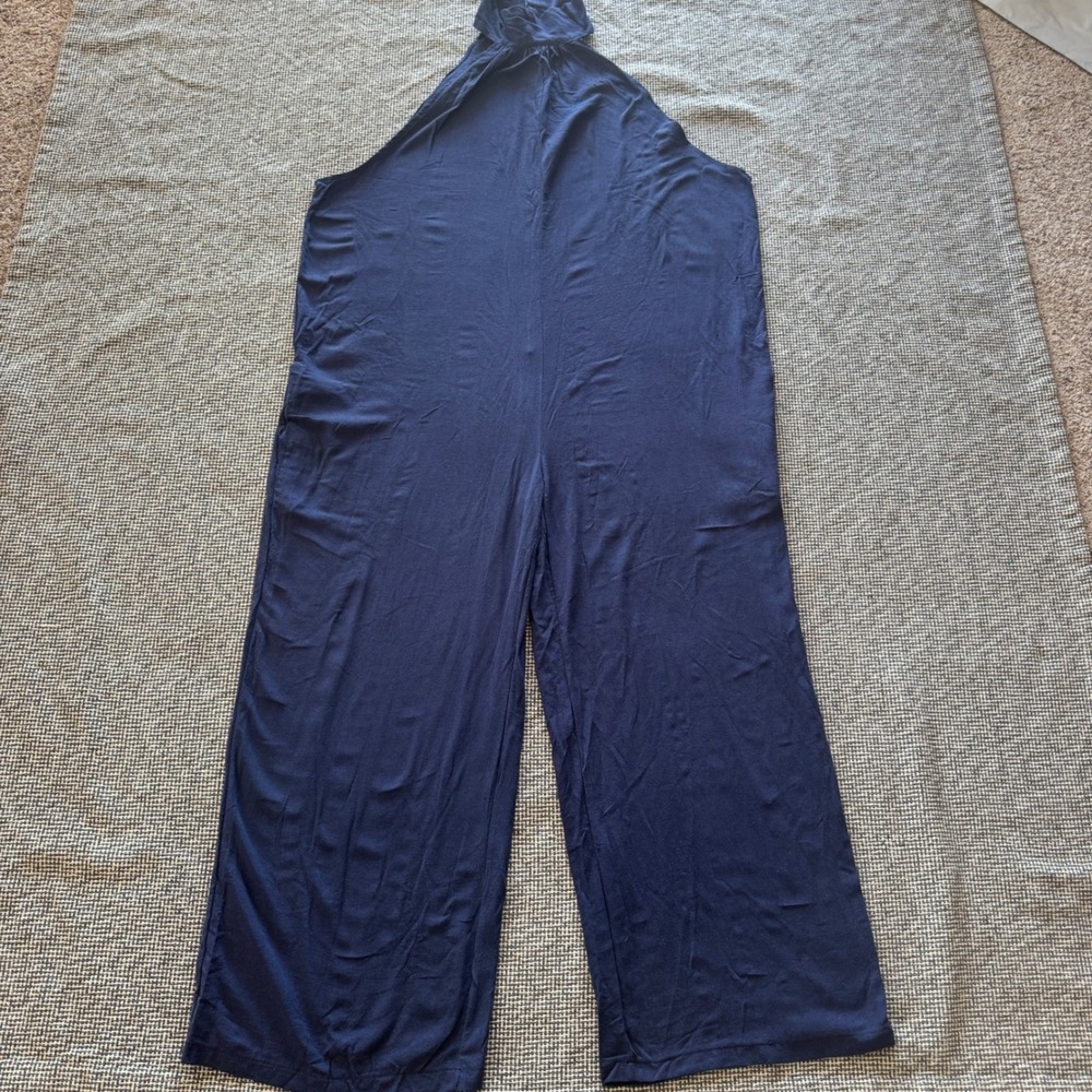 Navy Blue Halter Neck Wide Leg Jumpsuit Sleeveless High Neck One Piece
